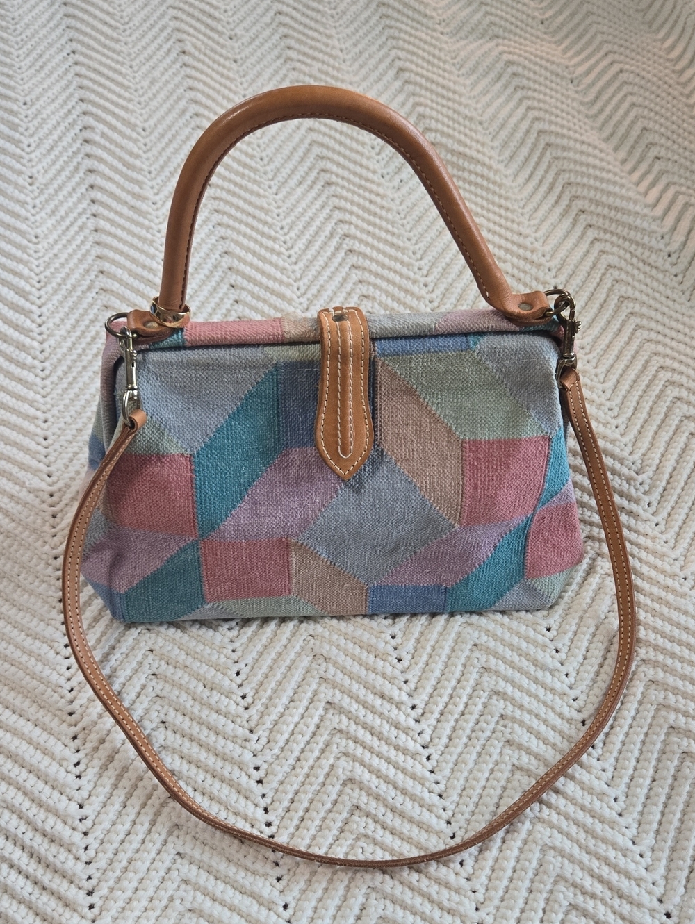 Vtg Pastel Geometric Tapestry Top-Handle Bag with Tan Trim